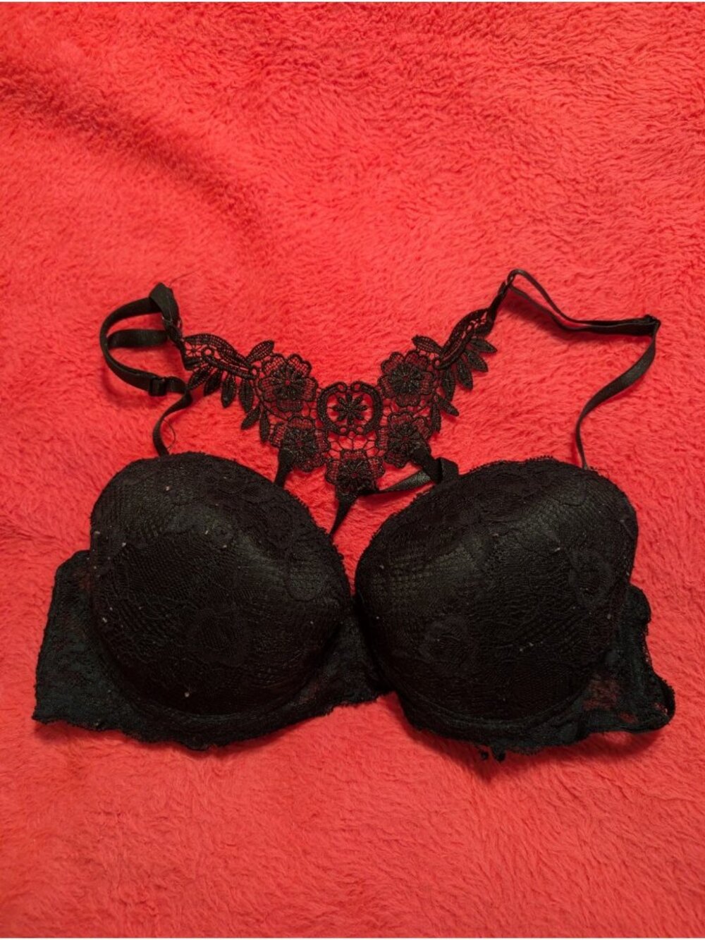 Jezebel Womens 34B Black Lace Racerback Floral Embroidered Push Up Bra J5678
